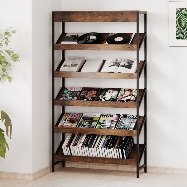 Costway Libreria a 6 ripiani scaffale inclinato con struttura metallica robusta, Libreria porta giornali industriale in legno Marrone rustico