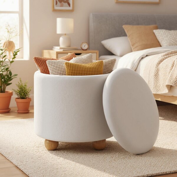 Costway Pouf contenitore rotondo sgabello tessuto ciniglia coperchio rimovibile, Pouf contenitore spazio nascosto 35l Bianco