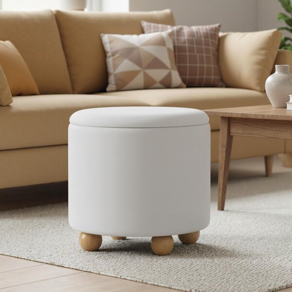 Costway Pouf contenitore rotondo sgabello tessuto ciniglia coperchio rimovibile, Pouf contenitore spazio nascosto 35l Bianco