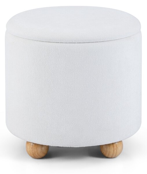 Costway Pouf contenitore rotondo sgabello tessuto ciniglia coperchio rimovibile, Pouf contenitore spazio nascosto 35l Bianco