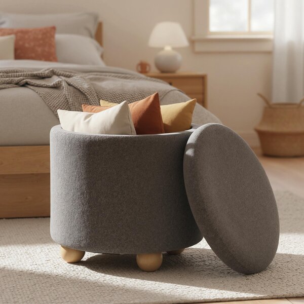 Costway Pouf contenitore rotondo sgabello tessuto ciniglia coperchio rimovibile, Pouf contenitore spazio nascosto 35l Grigio