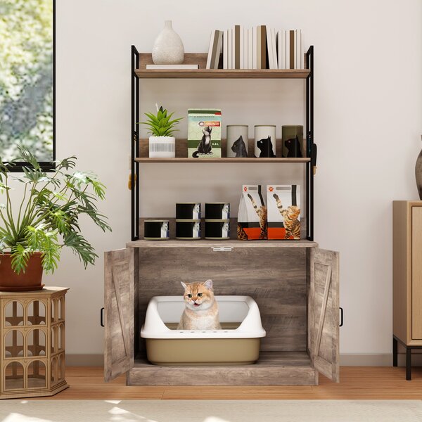 Costway Mobile moderna per lettiera per gatti armadietto nascosto per bagno per gatti con 3 ripiani, Mobile industriale Grigio