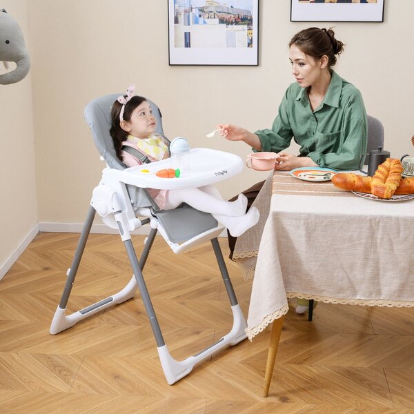Costway Seggiolone per bambini pieghevole è portatile con altezza regolabile, Seggiolone per bambini schienale reclinabile Grigio chiaro