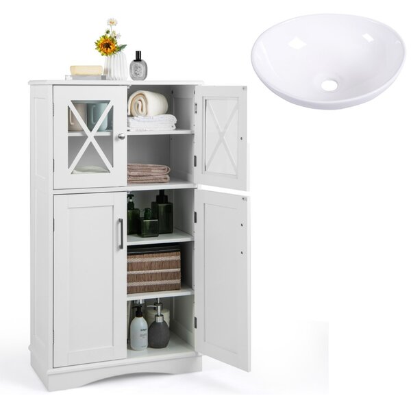 Costway Lavabo ovale in ceramica e mobiletto portaoggetti da bagno, Lavandino di forma ovale e mobiletto da pavimento per bagno