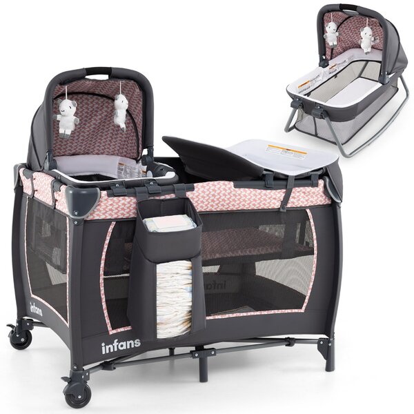 Costway Lettino pieghevole con fasciatoio materasso con cestino e borsa da trasporto, Centro attività per bambini 5 in 1 Rosa