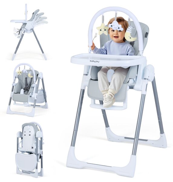 Costway Seggiolone per bambini pieghevole è portatile con altezza regolabile, Seggiolone per bambini schienale reclinabile Grigio chiaro
