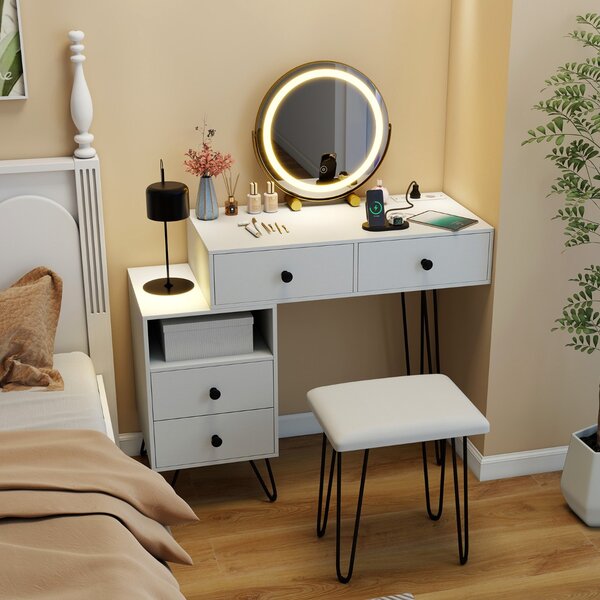Costway Tavolo da trucco con specchio e luci 4 cassetti estraibili e scomparto aperto, Tavolo da toeletta con sgabello per camera da letto