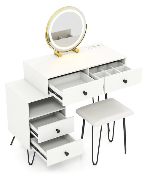 Costway Tavolo da trucco con specchio e luci 4 cassetti estraibili e scomparto aperto, Tavolo da toeletta con sgabello per camera da letto