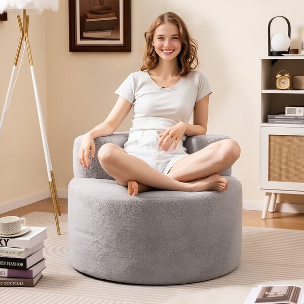 Costway Poltrona pouf a sacco sedia singola da pavimento a forma di luna, Poltrona divano rotondo senza struttura per lettura Grigio