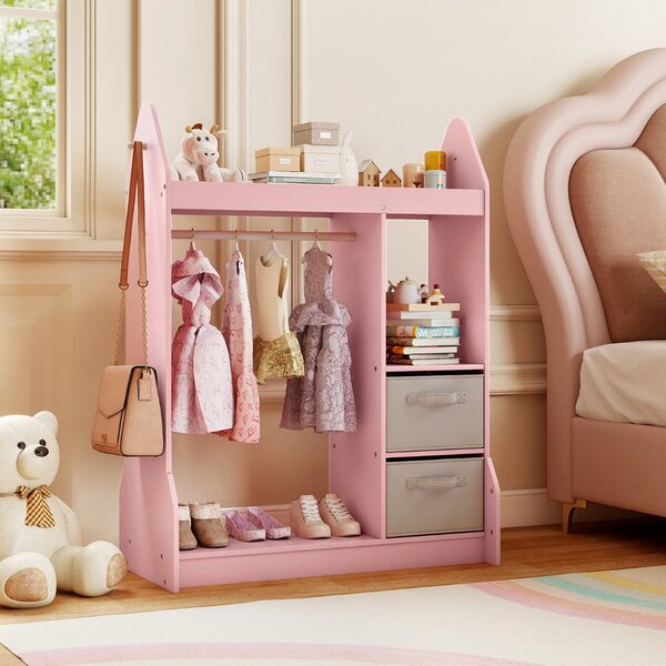 Costway Armadio gioco bambini centro travestimenti specchio acrilico, Armadio gioco appendiabiti mensola superiore Rosa