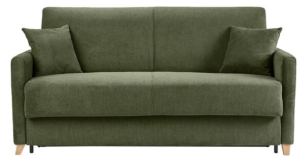 Divano letto convertibile a 3 posti in tessuto ciniglia verde scuro e legno chiaro con materasso da 18 cm SKANDY