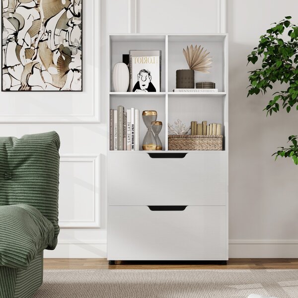 Costway Libreria a 4 cubi con 2 cassetti scaffale alto a 5 ripiani da 130 cm, Libreria moderna a cubi aperti per soggiorno Bianco