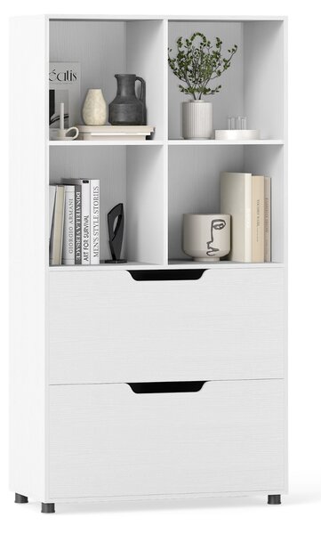 Costway Libreria a 4 cubi con 2 cassetti scaffale alto a 5 ripiani da 130 cm, Libreria moderna a cubi aperti per soggiorno Bianco