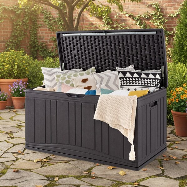 Costway Cassa per patio 300 l contenitore in hdpe impermeabile, Cassa per patio contenitore per attrezzi da giardinaggio Marrone