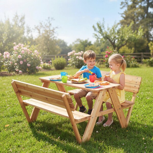 Costway Set di tavolo e sedie in legno per attività all'aperto con 2 panche integrate, Tavolo mobili per bambini per cortile