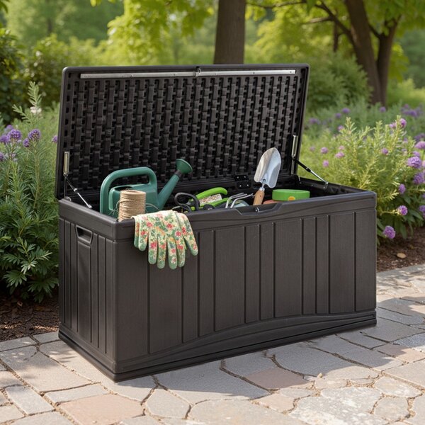 Costway Cassa per patio 300 l contenitore in hdpe impermeabile, Cassa per patio contenitore per attrezzi da giardinaggio Marrone