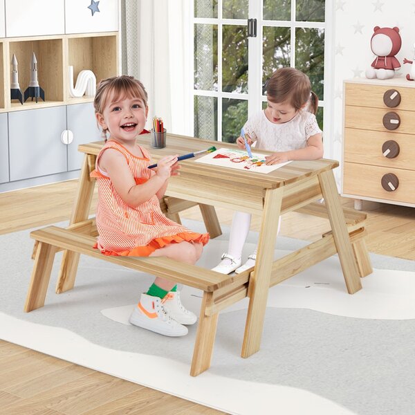 Costway Set tavolo e panca 4 in 1 in legno con piano rimovibile e 2 scatole contenitive, Tavolo attività per bambini