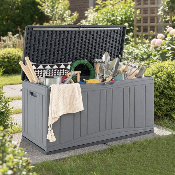 Costway Cassa per patio 300 l contenitore in hdpe impermeabile, Cassa per patio contenitore per attrezzi da giardinaggio Grigio