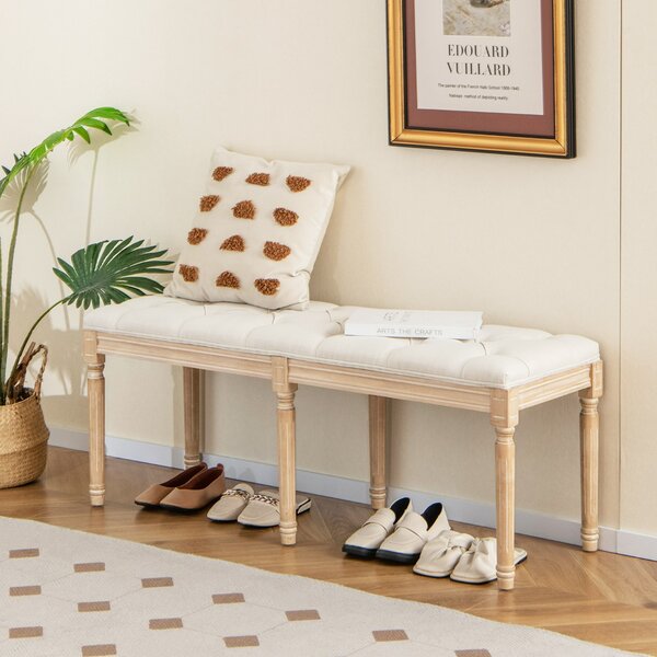 Costway Panca d’ingresso vintage francese da 120 cm con gambe in legno di gomma massiccio, Panca pouf capitonné a fine letto per ingresso