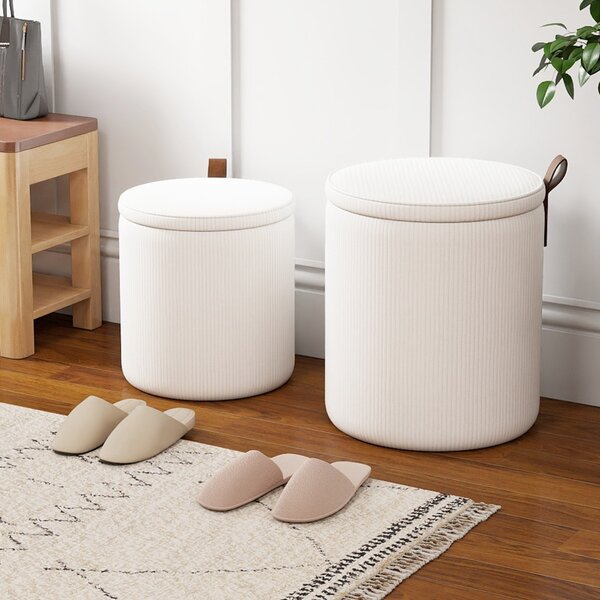 Costway Pouf rotondo con contenitore set da 2 sgabelli a incastro con coperchi removibili, Pouf poggiapiedi in velluto a coste Bianco