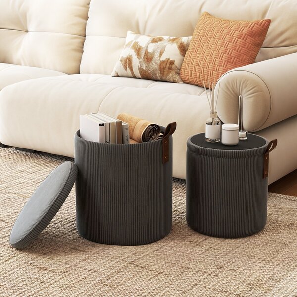 Costway Pouf rotondo con contenitore set da 2 sgabelli a incastro con coperchi removibili, Pouf poggiapiedi in velluto a coste Grigio