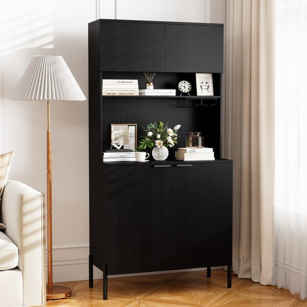 Costway Mobile dispensa da cucina con stazione di ricarica mobile bar vini con porta bicchieri, Mobile armadietto per sala da pranzo Nero