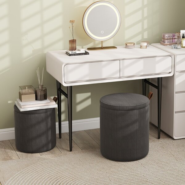 Costway Pouf rotondo con contenitore set da 2 sgabelli a incastro con coperchi removibili, Pouf poggiapiedi in velluto a coste Grigio