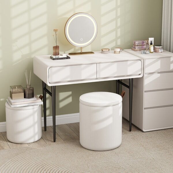 Costway Pouf rotondo con contenitore set da 2 sgabelli a incastro con coperchi removibili, Pouf poggiapiedi in velluto a coste Bianco