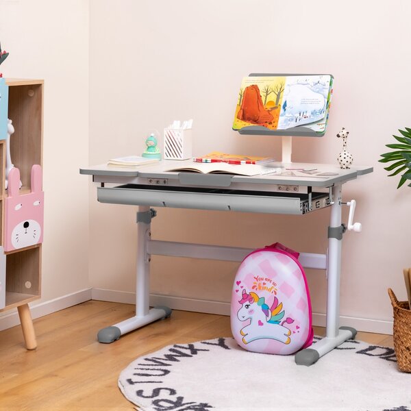 Costway Scrivania per bambini regolabile con piano inclinabile cassetto, Scrivania per bambini tavolo ergonomico Grigio