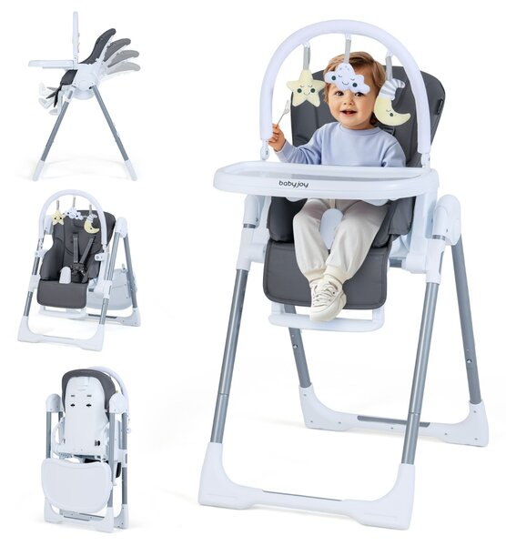 Costway Seggiolone per bambini pieghevole è portatile con altezza regolabile, Seggiolone per bambini schienale reclinabile Grigio scuro