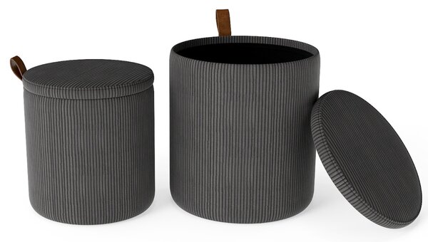 Costway Pouf rotondo con contenitore set da 2 sgabelli a incastro con coperchi removibili, Pouf poggiapiedi in velluto a coste Grigio