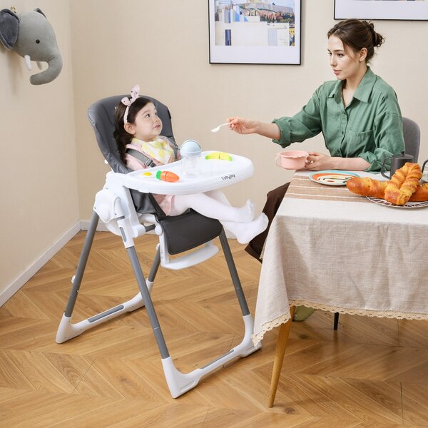 Costway Seggiolone per bambini pieghevole è portatile con altezza regolabile, Seggiolone per bambini schienale reclinabile Grigio scuro
