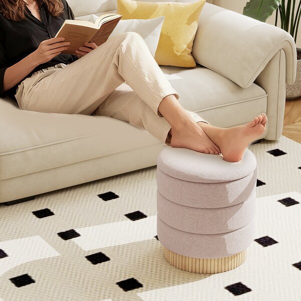 Costway Pouf contenitore moderno rotondo sgabello con coperchio rimovibile e base in legno, Pouf seduta imbottita multifunzione