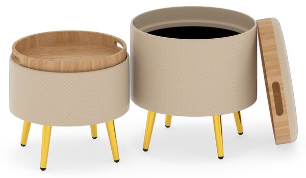 Costway Set di 2 pouf contenitori poggiapiedi rotondi rivestiti in finta pelle con vassoi, Pouf soggiorno e camera da letto