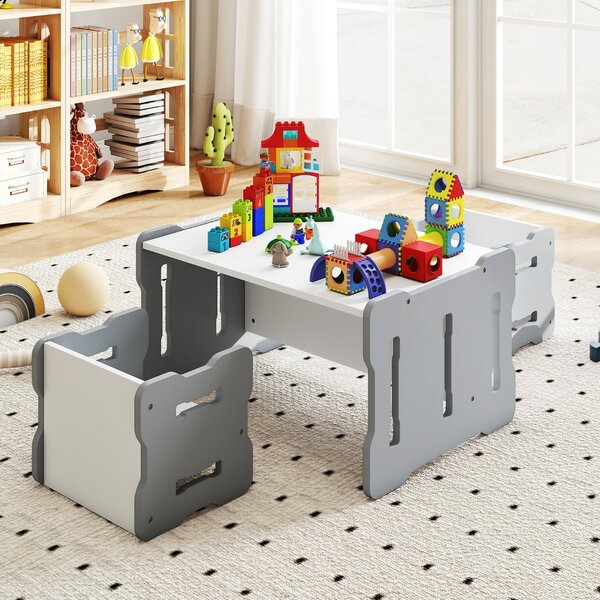 Costway Set 3 pezzi per bambini con 2 sgabelli e tavolo attività, Set tavolo e sedia per bambini per casa e asilo Bianco e grigio