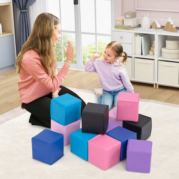 Costway Blocchi in schiuma cubi colorati impilabili con rivestimento in pelle sintetica, Blocchi in schiuma set da 12 cubi per bambini Colorato 1