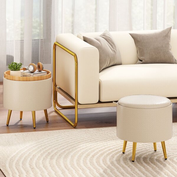 Costway Set di 2 pouf contenitori poggiapiedi rotondi rivestiti in finta pelle con vassoi, Pouf soggiorno e camera da letto