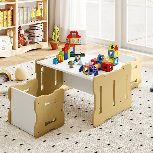 Costway Set 3 pezzi per bambini con 2 sgabelli e tavolo attività, Set tavolo e sedia per bambini per casa e asilo Legno naturale