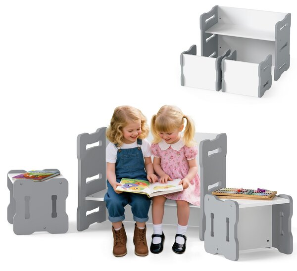 Costway Set 3 pezzi per bambini con 2 sgabelli e tavolo attività, Set tavolo e sedia per bambini per casa e asilo Bianco e grigio
