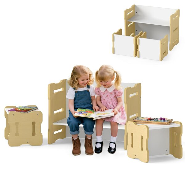 Costway Set 3 pezzi per bambini con 2 sgabelli e tavolo attività, Set tavolo e sedia per bambini per casa e asilo Legno naturale