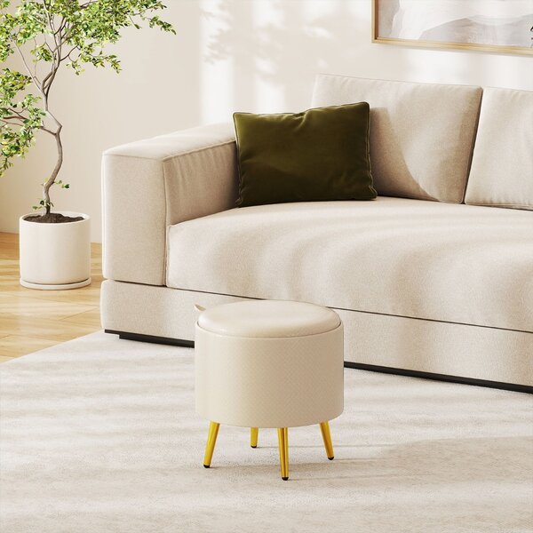 Costway Set di 2 pouf contenitori poggiapiedi rotondi rivestiti in finta pelle con vassoi, Pouf soggiorno e camera da letto