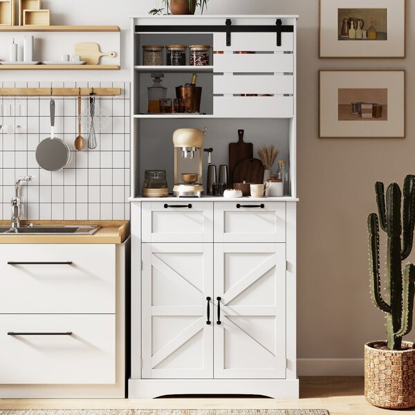 Costway Mobile dispensa da cucina con presa di corrente armadio alto con ante, Mobile supporto per microonde con spazio