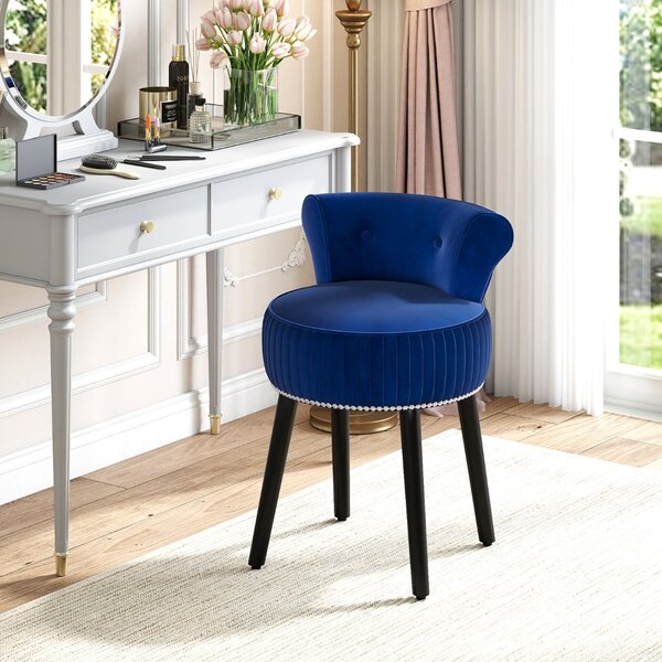 Costway Sedia vanity in velluto con schienale sgabello vanity imbottito con schienale basso capitonné, Sedia d’accent Blu