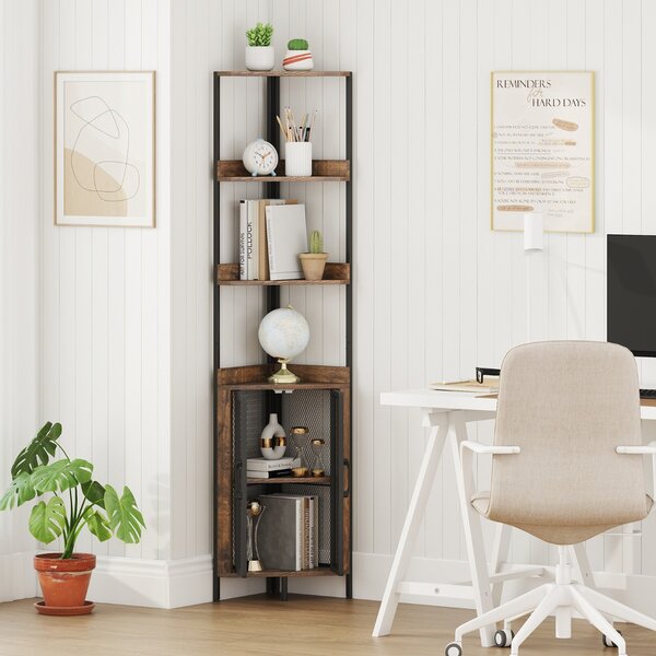 Costway Scaffale angolare 6 ripiani libreria angolare 170 cm armadietto, Scaffale angolare industrial per libri ante Marrone