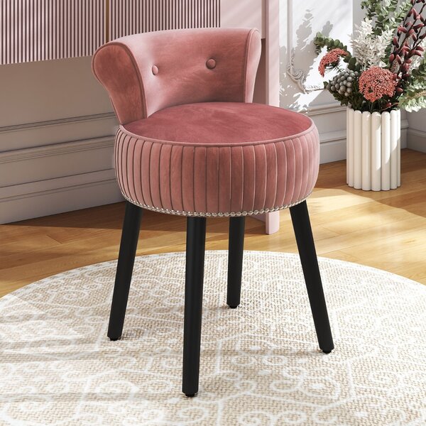 Costway Sedia vanity in velluto con schienale sgabello vanity imbottito con schienale basso capitonné, Sedia d’accent Rosa