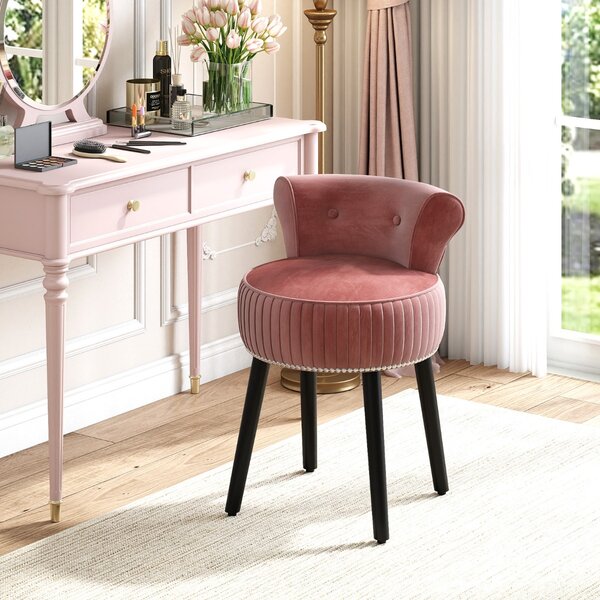 Costway Sedia vanity in velluto con schienale sgabello vanity imbottito con schienale basso capitonné, Sedia d’accent Rosa