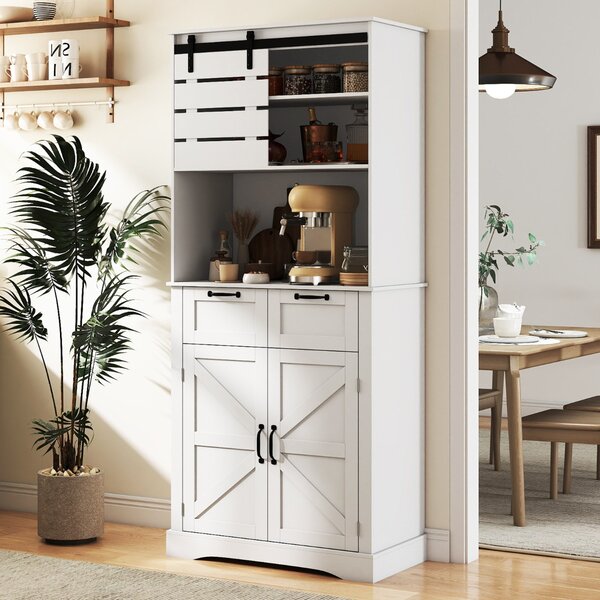 Costway Mobile dispensa da cucina con presa di corrente armadio alto con ante, Mobile supporto per microonde con spazio