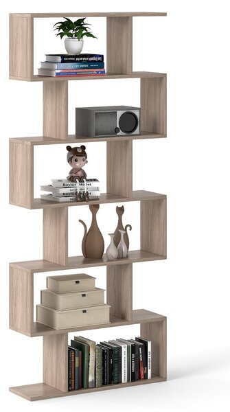 Costway Libreria a 6 livelli a forma di S con dispositivo antiribaltamento, Scaffale di legno per casa e ufficio Grigio chiaro