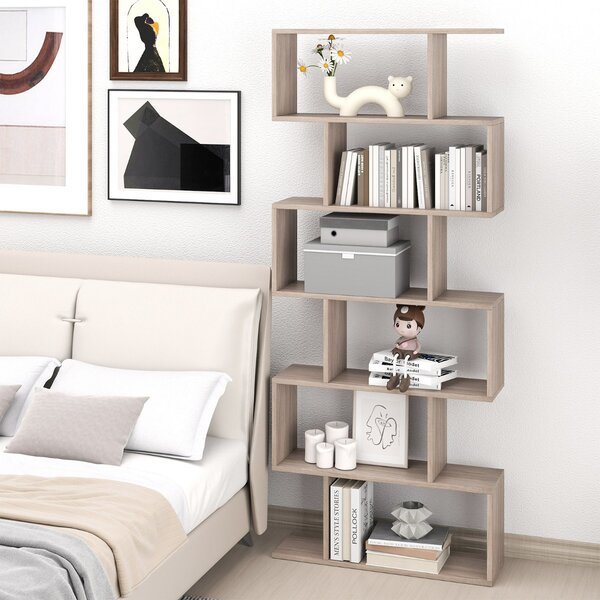 Costway Libreria a 6 livelli a forma di S con dispositivo antiribaltamento, Scaffale di legno per casa e ufficio Grigio chiaro