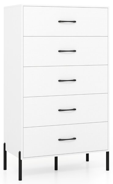 Costway Cassettiera a 5 cassetti comò alta moderna gambe maniglie metallo, Cassettiera 5 cassetti camera da letto soggiorno Bianco